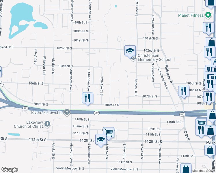 map of restaurants, bars, coffee shops, grocery stores, and more near 1070 105th Street Court South in Tacoma