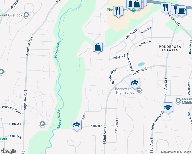 map of restaurants, bars, coffee shops, grocery stores, and more near 10418 191st Avenue Court East in Bonney Lake