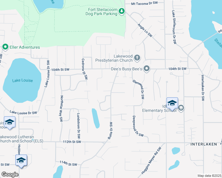 map of restaurants, bars, coffee shops, grocery stores, and more near 8726 105th Street Court Southwest in Tacoma