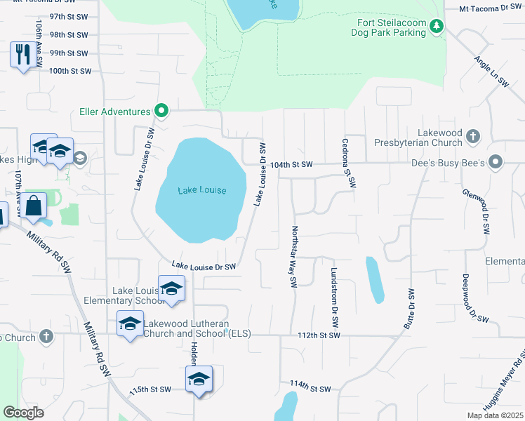 map of restaurants, bars, coffee shops, grocery stores, and more near 204 Lake Louise Drive Southwest in Tacoma
