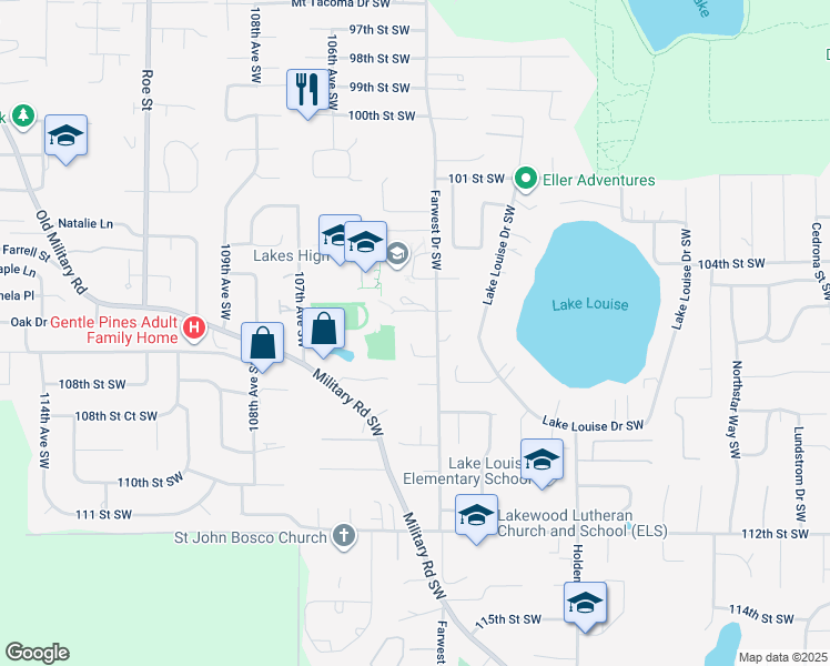 map of restaurants, bars, coffee shops, grocery stores, and more near 10313 107th Street Southwest in Lakewood