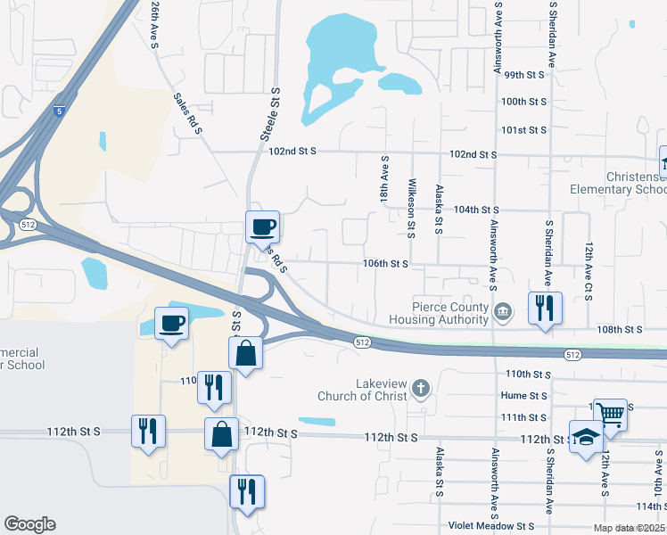 map of restaurants, bars, coffee shops, grocery stores, and more near 1916 106th Street South in Tacoma