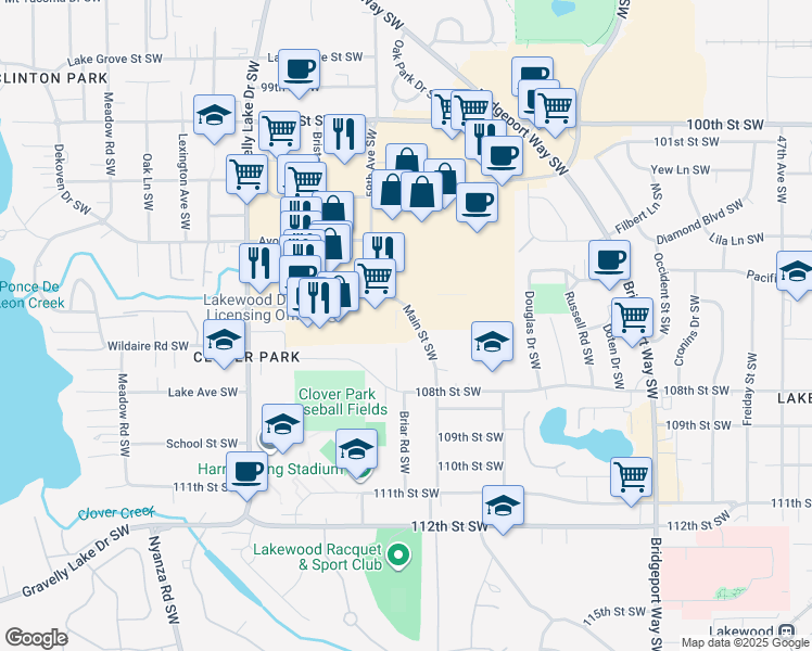 map of restaurants, bars, coffee shops, grocery stores, and more near 5712 Main Street Southwest in Lakewood