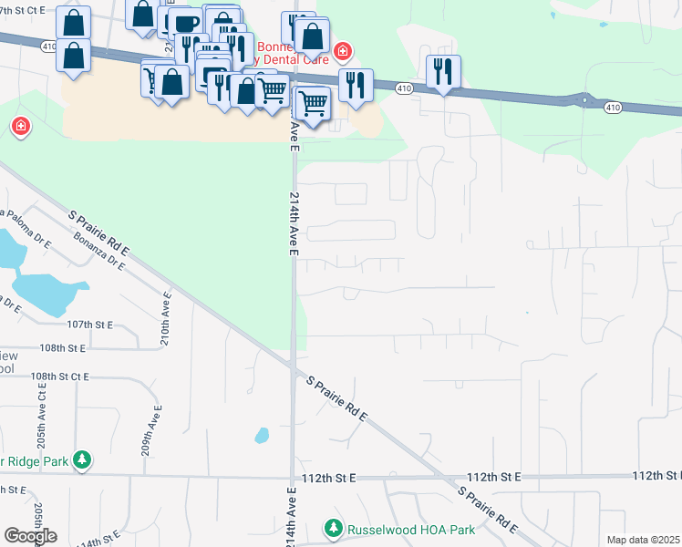 map of restaurants, bars, coffee shops, grocery stores, and more near 21509 104th Street Court East in Bonney Lake