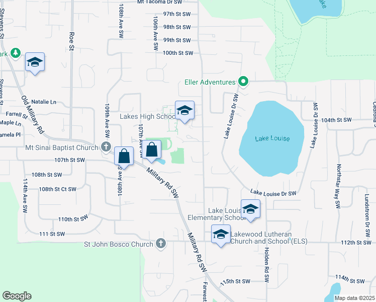 map of restaurants, bars, coffee shops, grocery stores, and more near 10313 107th Street Southwest in Lakewood