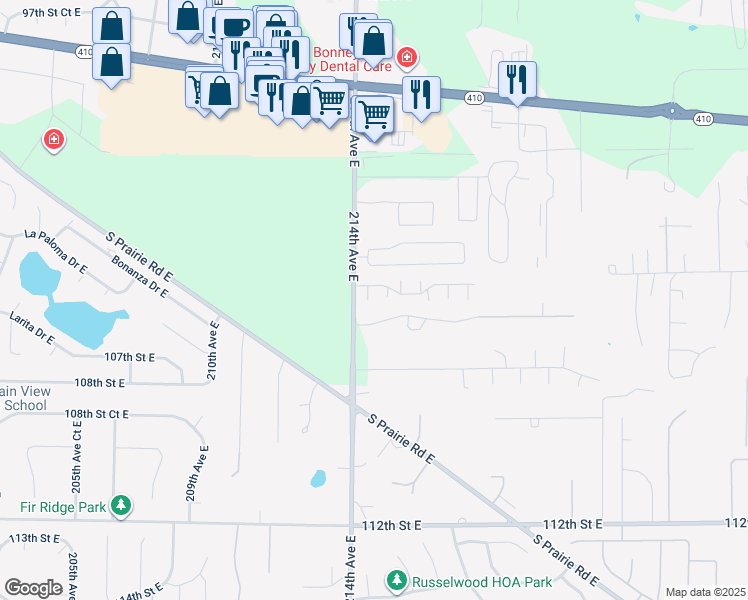 map of restaurants, bars, coffee shops, grocery stores, and more near 21421 104th Street Court East in Bonney Lake