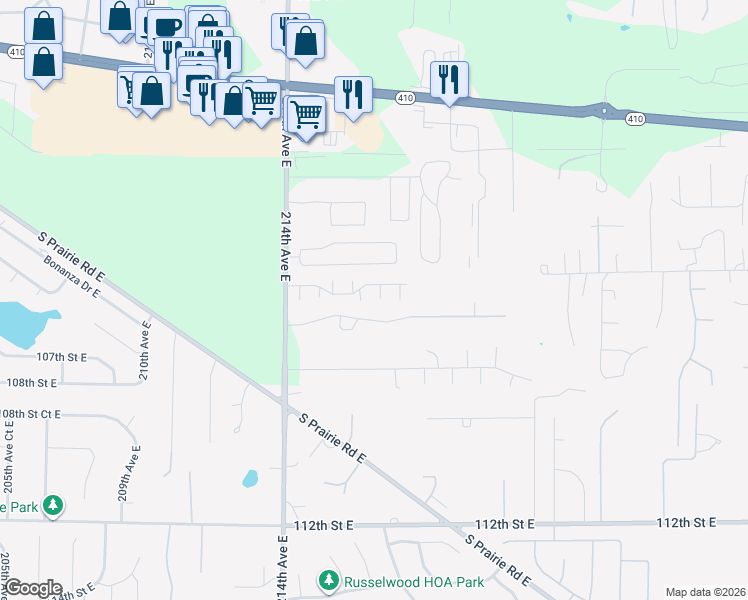 map of restaurants, bars, coffee shops, grocery stores, and more near 21625 104th Street Court East in Bonney Lake