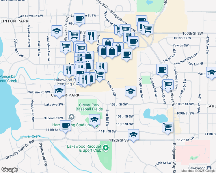 map of restaurants, bars, coffee shops, grocery stores, and more near 5712 Main Street Southwest in Lakewood