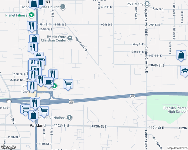 map of restaurants, bars, coffee shops, grocery stores, and more near 611 105th Street Court East in Tacoma