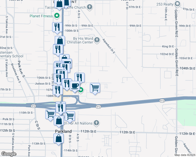 map of restaurants, bars, coffee shops, grocery stores, and more near 249 106th Street East in Tacoma