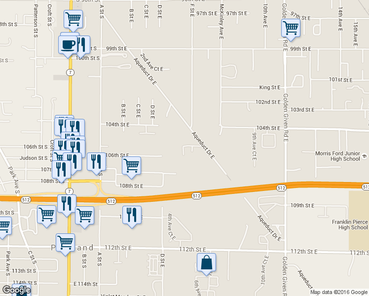 map of restaurants, bars, coffee shops, grocery stores, and more near 513 105th Street Court East in Tacoma