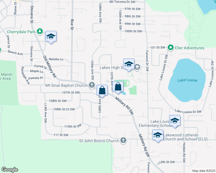 map of restaurants, bars, coffee shops, grocery stores, and more near 10709 10711 105th Stct Southwest in Lakewood