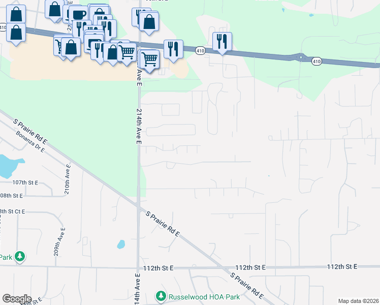map of restaurants, bars, coffee shops, grocery stores, and more near 21637 104th Street Court East in Bonney Lake