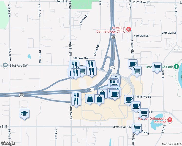 map of restaurants, bars, coffee shops, grocery stores, and more near 620 South Hill Park Drive in Puyallup
