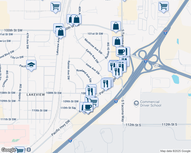map of restaurants, bars, coffee shops, grocery stores, and more near 10609 Rowland Avenue Southwest in Lakewood