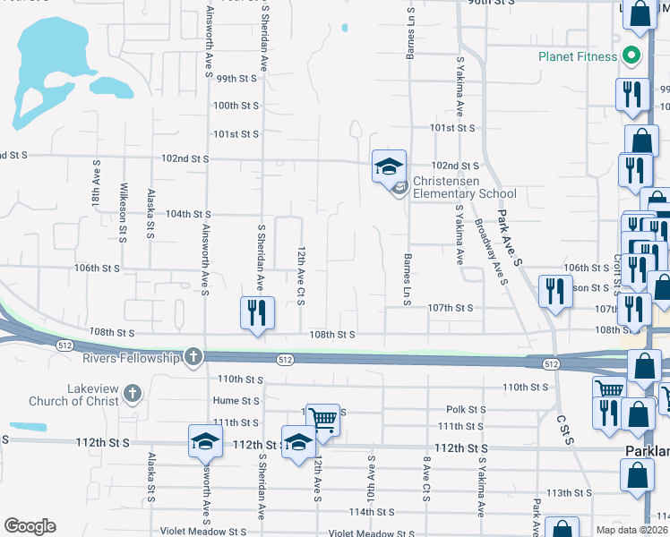 map of restaurants, bars, coffee shops, grocery stores, and more near 1070 105th Street Court South in Tacoma