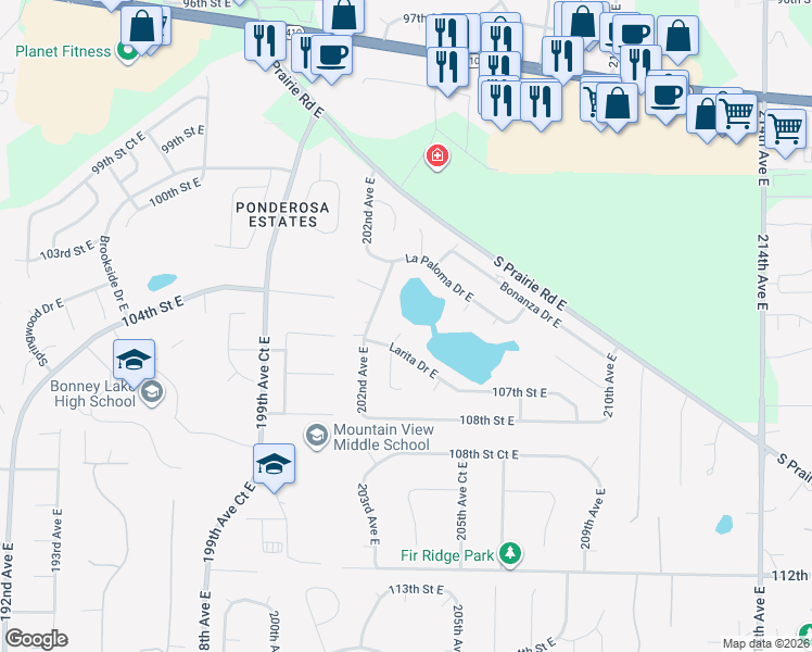 map of restaurants, bars, coffee shops, grocery stores, and more near 10402 203rd Avenue East in Sumner
