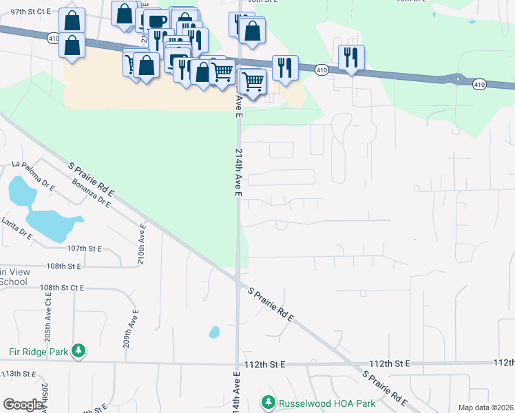 map of restaurants, bars, coffee shops, grocery stores, and more near 21429 104th Street Court East in Bonney Lake