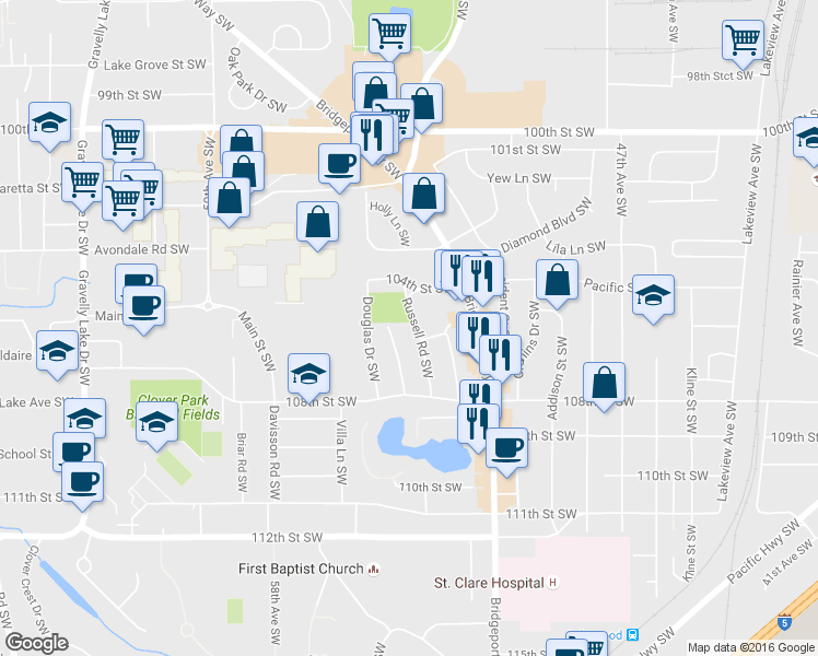 map of restaurants, bars, coffee shops, grocery stores, and more near 10522 Russell Road Southwest in Tacoma