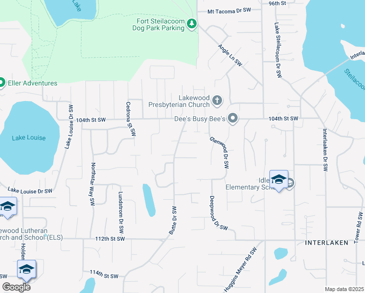 map of restaurants, bars, coffee shops, grocery stores, and more near 8726 105th St Ct SW in Tacoma