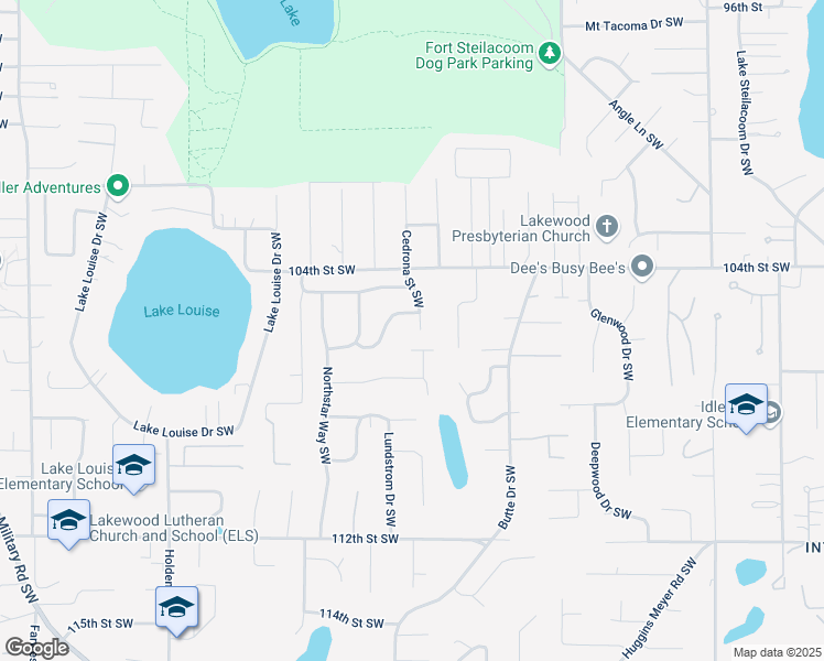 map of restaurants, bars, coffee shops, grocery stores, and more near 10510 Cedrona Street Southwest in Tacoma
