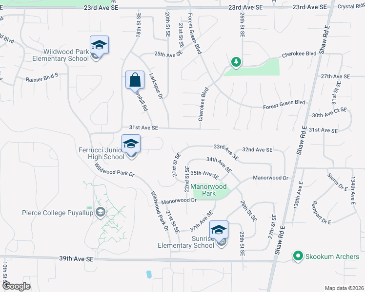 map of restaurants, bars, coffee shops, grocery stores, and more near 3207 21st Street Place Southeast in Puyallup