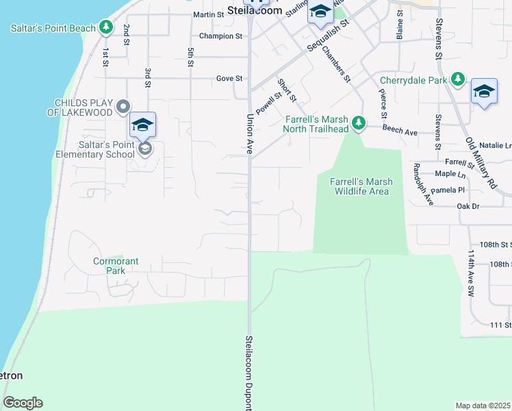 map of restaurants, bars, coffee shops, grocery stores, and more near 1207 Union Avenue in Steilacoom
