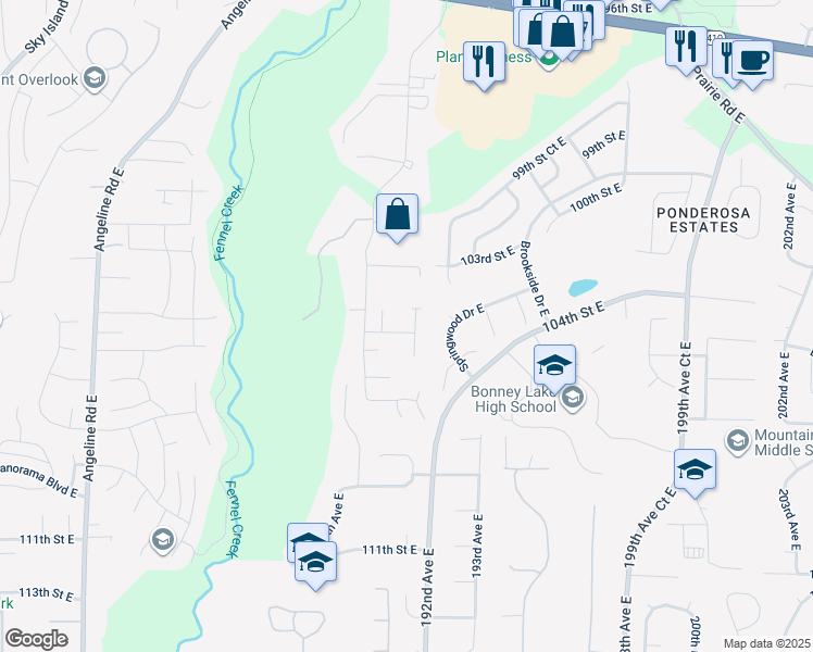 map of restaurants, bars, coffee shops, grocery stores, and more near 10418 191st Avenue Court East in Bonney Lake