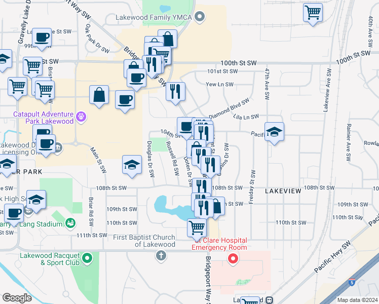 map of restaurants, bars, coffee shops, grocery stores, and more near 10733 Bridgeport Way Southwest in Lakewood