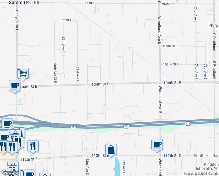 map of restaurants, bars, coffee shops, grocery stores, and more near 6406 104th Street East in Puyallup