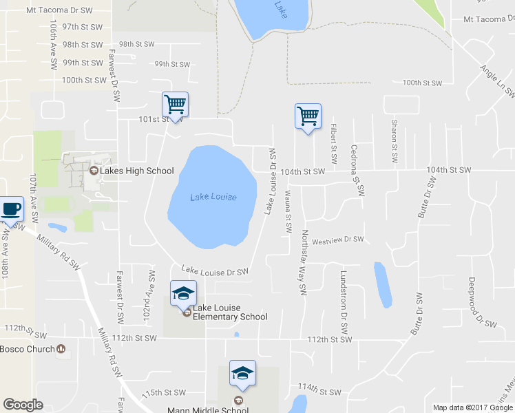 map of restaurants, bars, coffee shops, grocery stores, and more near 204 Lake Louise Dr SW in Tacoma