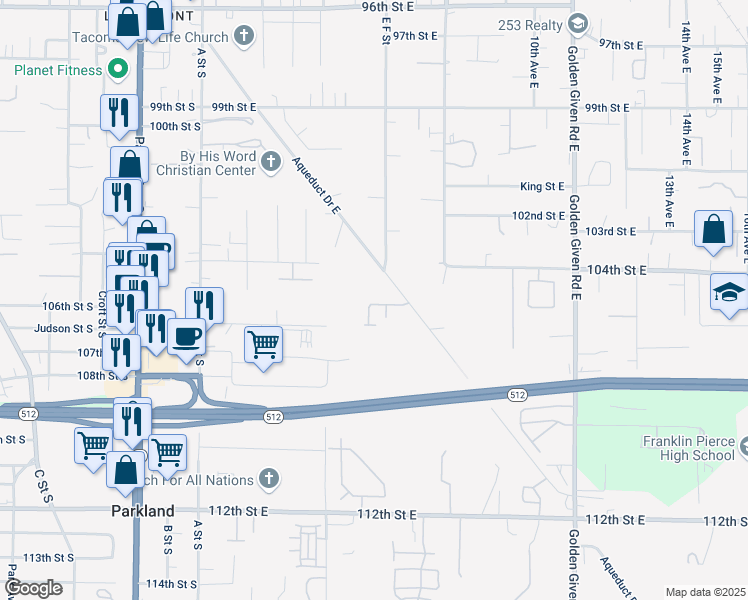 map of restaurants, bars, coffee shops, grocery stores, and more near 513 105th Street Court East in Tacoma