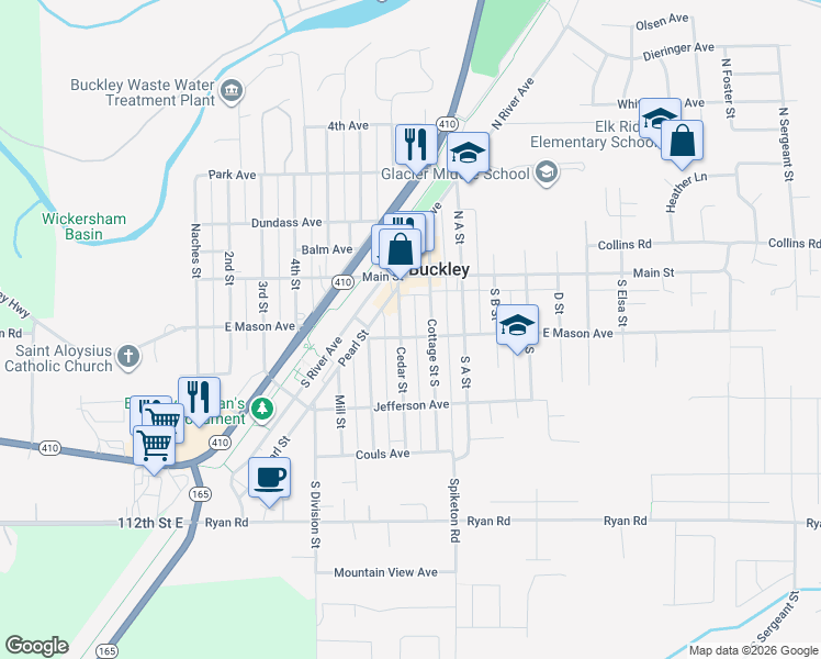 map of restaurants, bars, coffee shops, grocery stores, and more near 192 South Cedar Street in Buckley