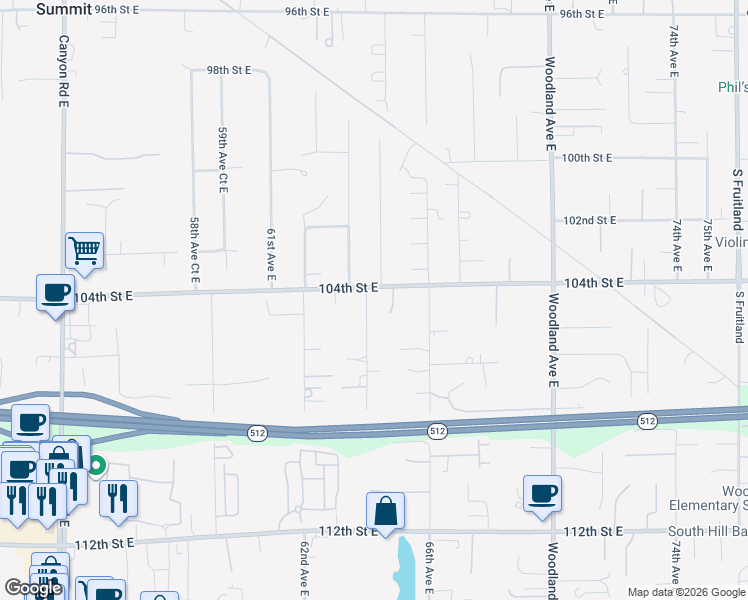 map of restaurants, bars, coffee shops, grocery stores, and more near 6402 104th Street East in Puyallup