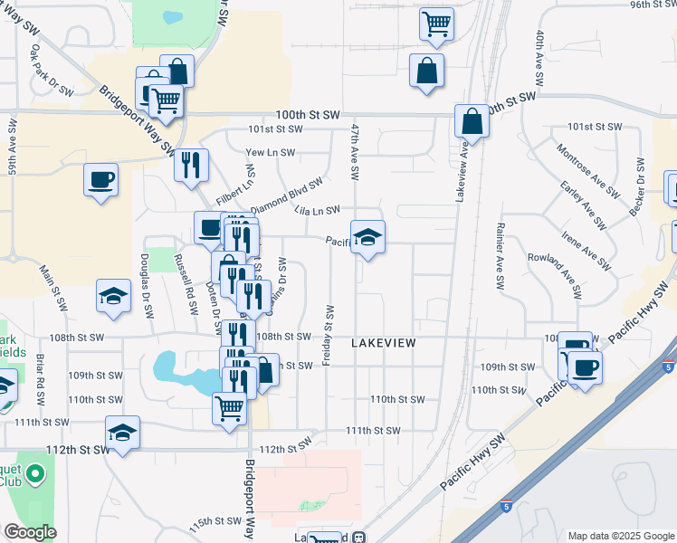 map of restaurants, bars, coffee shops, grocery stores, and more near 10501 Freiday Street Southwest in Tacoma