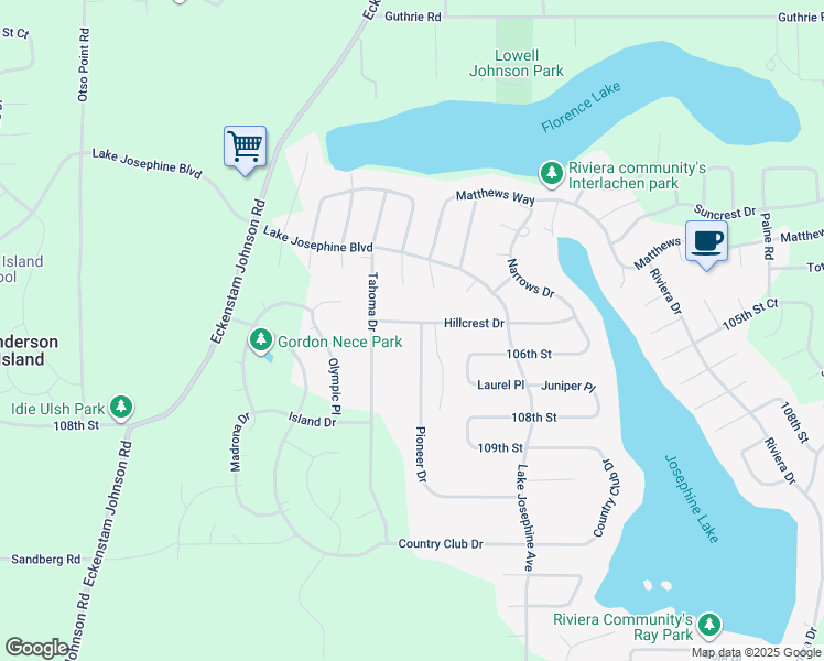 map of restaurants, bars, coffee shops, grocery stores, and more near 11608 Hillcrest Drive in Anderson Island