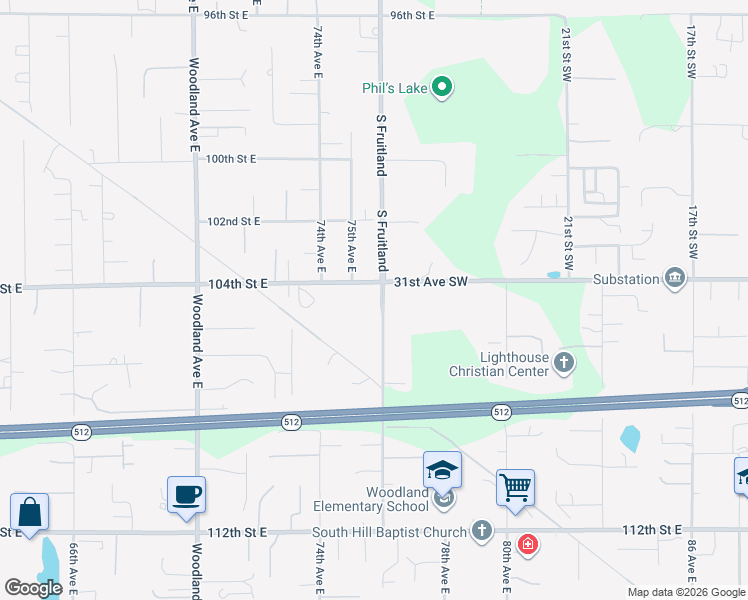 map of restaurants, bars, coffee shops, grocery stores, and more near 10412 South Fruitland in Puyallup