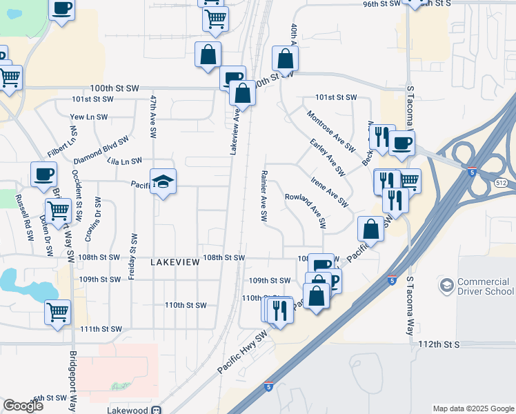 map of restaurants, bars, coffee shops, grocery stores, and more near 10518 Rainier Avenue Southwest in Lakewood