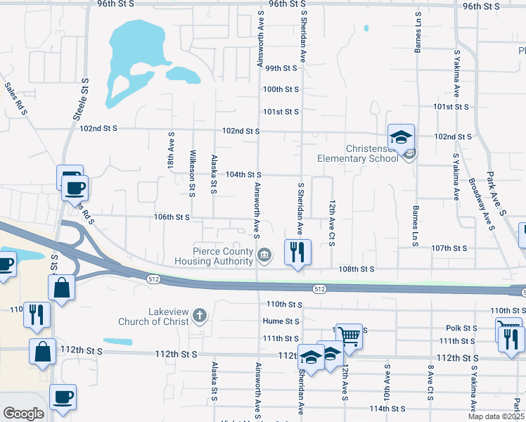 map of restaurants, bars, coffee shops, grocery stores, and more near 10445 Ainsworth Avenue South in Tacoma