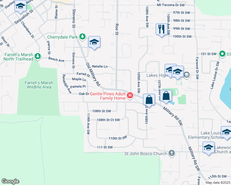 map of restaurants, bars, coffee shops, grocery stores, and more near 2407 Oak Drive in Steilacoom