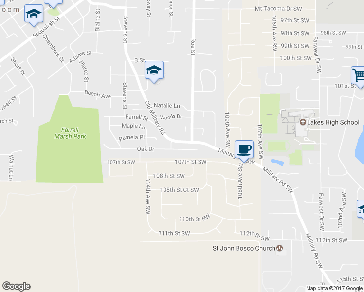 map of restaurants, bars, coffee shops, grocery stores, and more near 2407 Oak Drive in Steilacoom