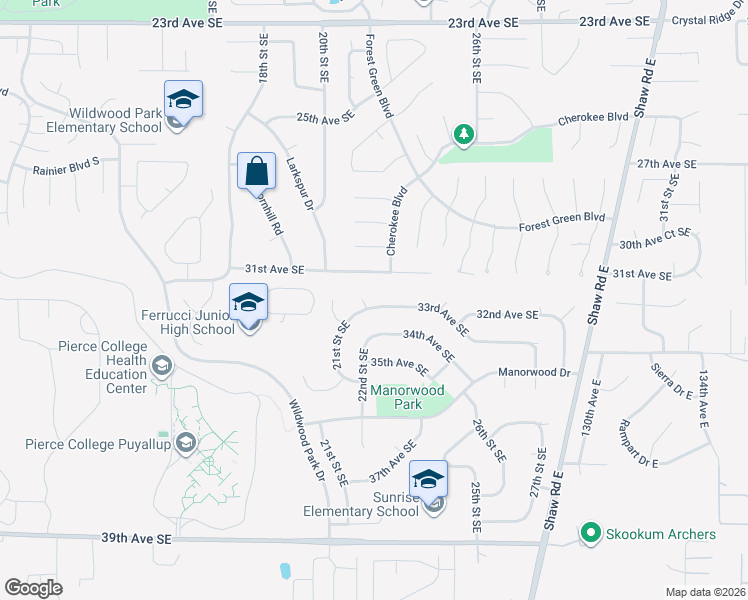 map of restaurants, bars, coffee shops, grocery stores, and more near 2201 33rd Avenue Southeast in Puyallup