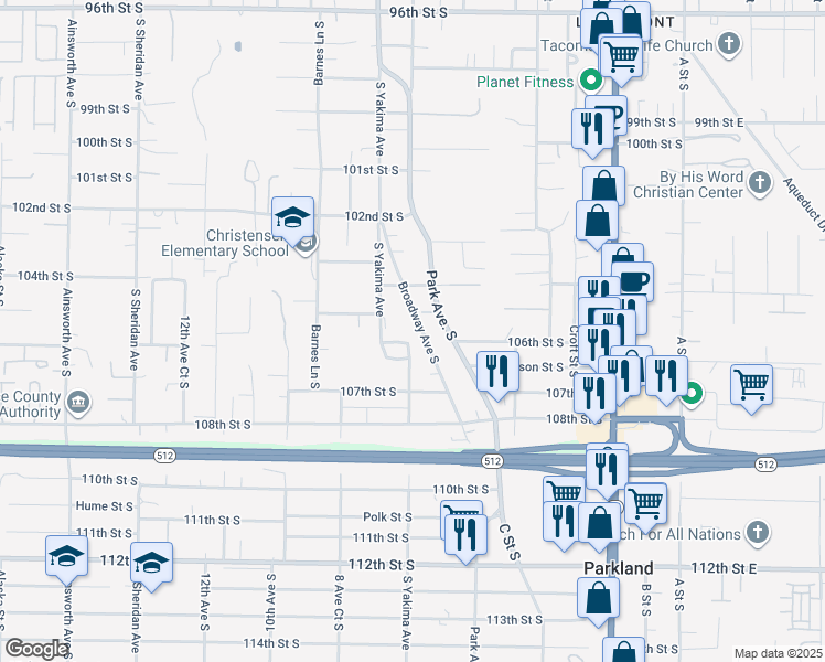 map of restaurants, bars, coffee shops, grocery stores, and more near 729 106th Street South in Tacoma