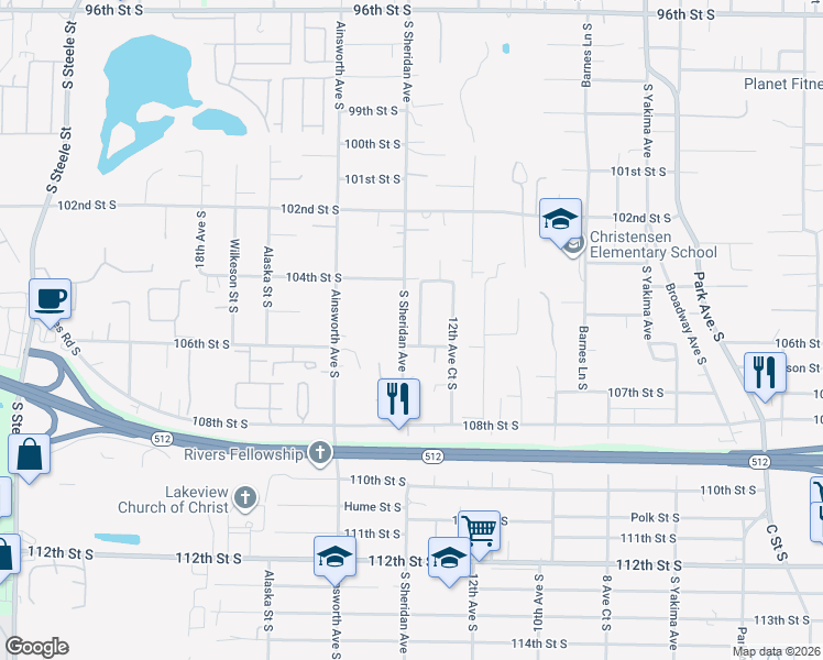 map of restaurants, bars, coffee shops, grocery stores, and more near 10437 South Sheridan Avenue in Tacoma