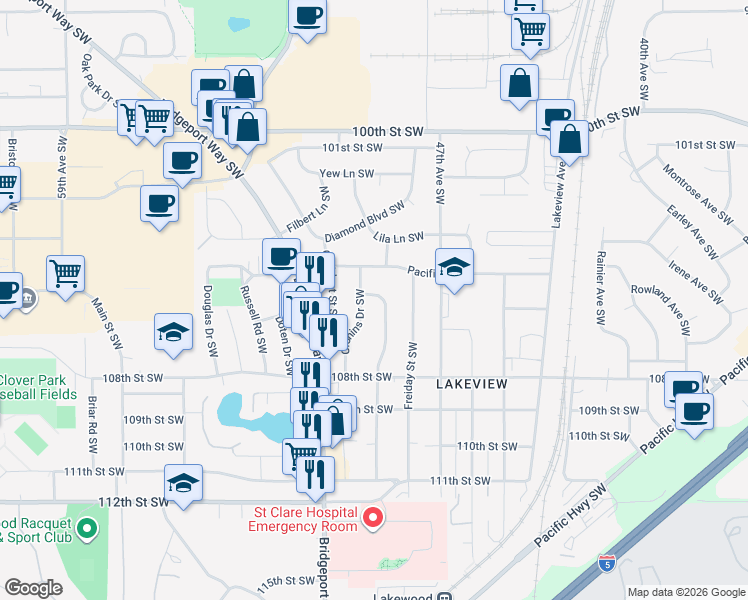 map of restaurants, bars, coffee shops, grocery stores, and more near 10504 Addison Street Southwest in Tacoma