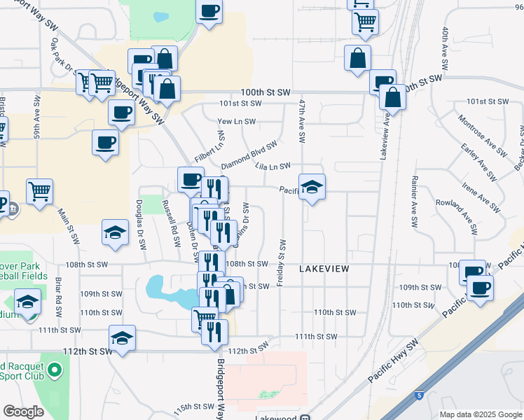 map of restaurants, bars, coffee shops, grocery stores, and more near in Lakewood