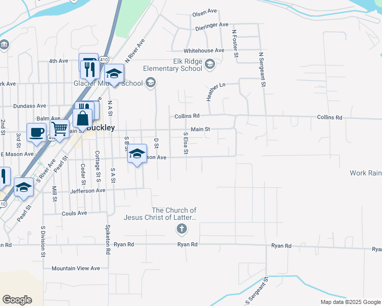 map of restaurants, bars, coffee shops, grocery stores, and more near 1422 East Mason Avenue in Buckley