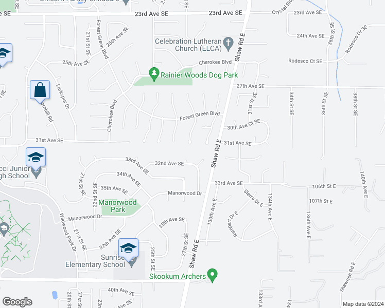 map of restaurants, bars, coffee shops, grocery stores, and more near 2703 32nd Avenue Southeast in Puyallup