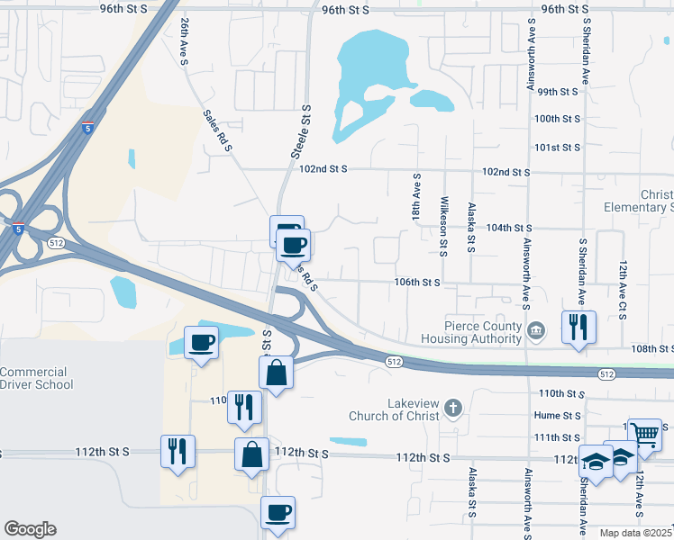 map of restaurants, bars, coffee shops, grocery stores, and more near 2015 106th Street South in Tacoma
