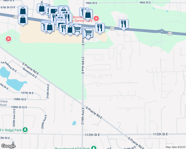 map of restaurants, bars, coffee shops, grocery stores, and more near 21506 104th Street Court East in Bonney Lake